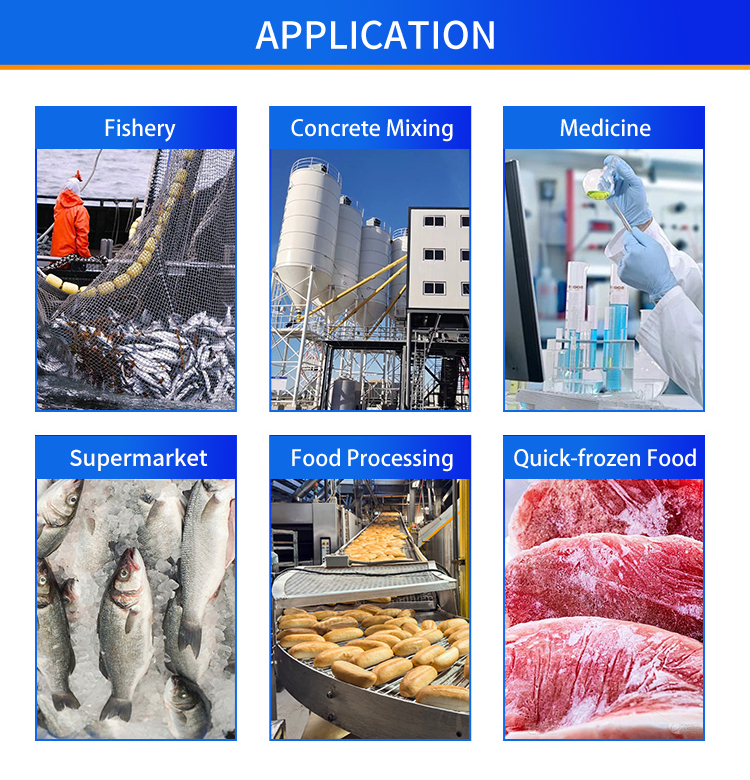 flake-ice-machine-application-scenarios Amplas aplicações de máquina de gelo em flocos, preservação de frutos do mar de pesca, resfriamento de concreto, processamento de alimentos, medicamentos, supermercados e indústria de alimentos ultracongelados