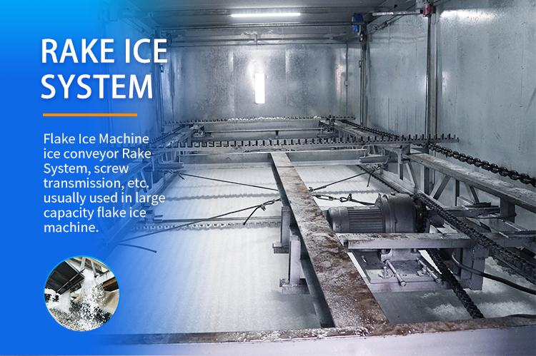 ice-flake-machine-rake-ice-system-storage-bin.jpg Sistema de ancinho de máquina de gelo em flocos de grande capacidade, sistema automático de ancinho transportador de gelo para caixa de armazenamento de gelo industrial