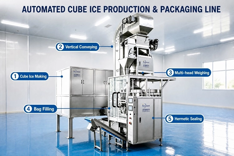 Linha automatizada de produ&ccedil;&atilde;o e embalagem de gelo em cubo para f&aacute;brica comercial de gelo