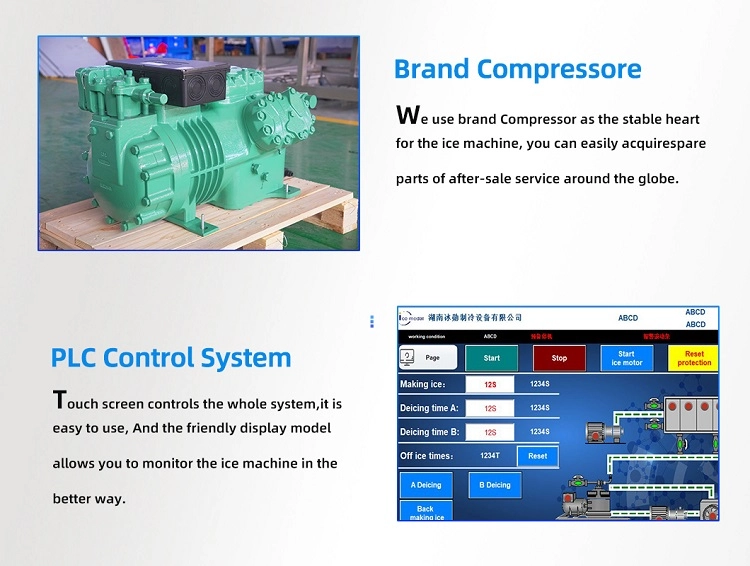 M&aacute;quina de gelo industrial com compressor de marca e sistema de controle de tela de toque PLC.webp